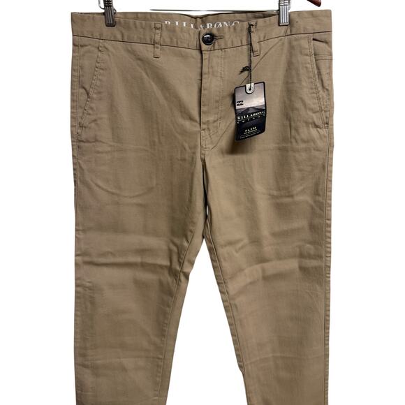Billabong Mens Khaki Slim Pants Size 36 x 32 Stretch Flat Front Casual Work New - Picture 2 of 10
